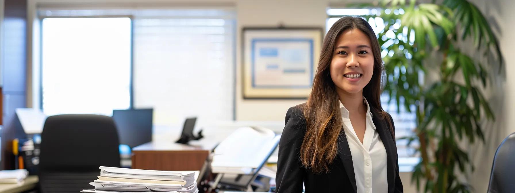 a confident individual, dressed in professional attire, stands in a bright, modern office with a smile, surrounded by open files and a laptop, symbolizing newfound opportunities and a fresh start after having their criminal record sealed. a confident individual, dressed in professional attire, stands in a bright, modern office with a smile, surrounded by open files and a laptop, symbolizing newfound opportunities and a fresh start after having their criminal record sealed.