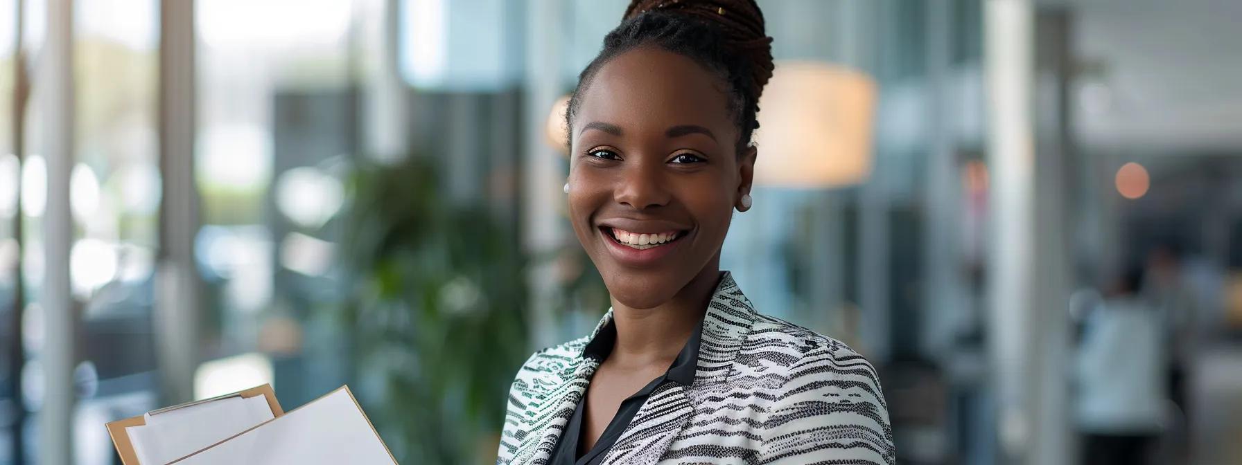 a confident job candidate stands in a modern office setting, dressed professionally and smiling, as they hold a sealed document in front of a welcoming interview panel, symbolizing hope and new opportunities in employment despite past challenges. a confident job candidate stands in a modern office setting, dressed professionally and smiling, as they hold a sealed document in front of a welcoming interview panel, symbolizing hope and new opportunities in employment despite past challenges.