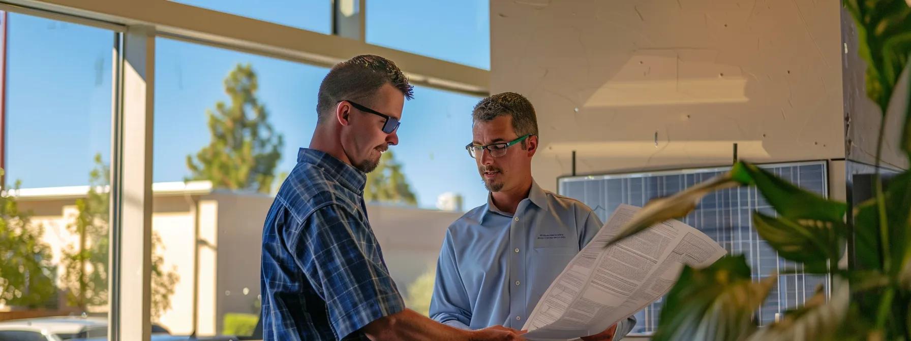 a confident solar contractor reviews complex permit documents with a client in a modern, well-lit office, emphasizing collaboration and expertise in solar panel installation compliance. a confident solar contractor reviews complex permit documents with a client in a modern, well-lit office, emphasizing collaboration and expertise in solar panel installation compliance.