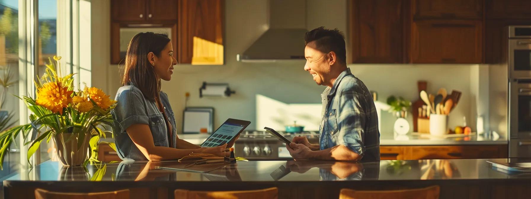 a confident solar energy sales professional engages in an animated discussion with a homeowner in a modern kitchen, highlighting the benefits of solar solutions on a sleek tablet, surrounded by contemporary decor and warm indoor lighting. a confident solar energy sales professional engages in an animated discussion with a homeowner in a modern kitchen, highlighting the benefits of solar solutions on a sleek tablet, surrounded by contemporary decor and warm indoor lighting.