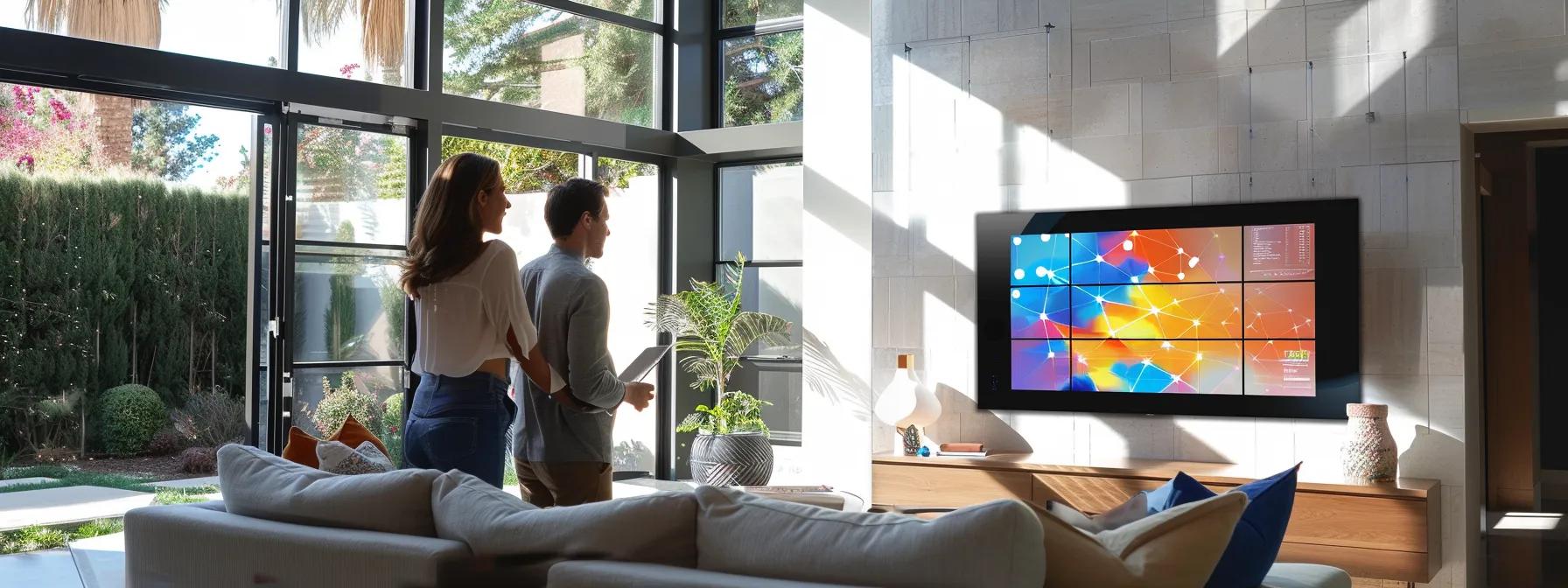 a confident solar sales representative engages with a homeowner in a sleek, modern living room, showcasing a vibrant promotional screen highlighted by dynamic graphics of solar energy benefits amidst a backdrop of contemporary decor. a confident solar sales representative engages with a homeowner in a sleek, modern living room, showcasing a vibrant promotional screen highlighted by dynamic graphics of solar energy benefits amidst a backdrop of contemporary decor.