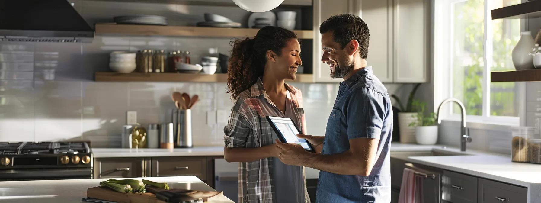 a confident solar sales representative engages a homeowner in a modern kitchen, seamlessly blending informative digital advertising visuals on a tablet with sleek solar product displays, illustrating the dynamic intersection of technology and sustainable energy solutions. a confident solar sales representative engages a homeowner in a modern kitchen, seamlessly blending informative digital advertising visuals on a tablet with sleek solar product displays, illustrating the dynamic intersection of technology and sustainable energy solutions.