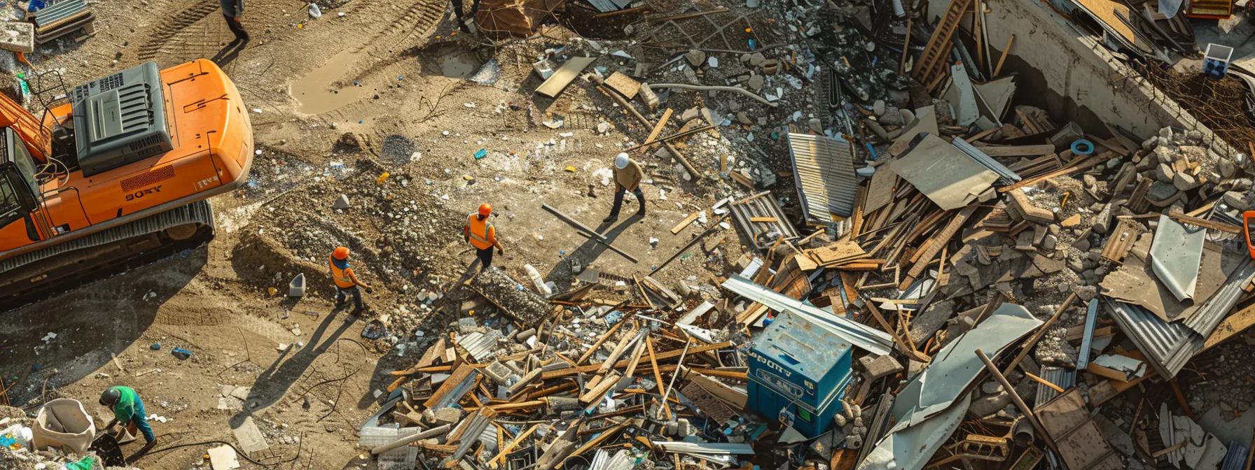 a construction site with workers sorting recyclable materials, coordinating debris removal, and salvaging items to minimize environmental impact. a construction site with workers sorting recyclable materials, coordinating debris removal, and salvaging items to minimize environmental impact.