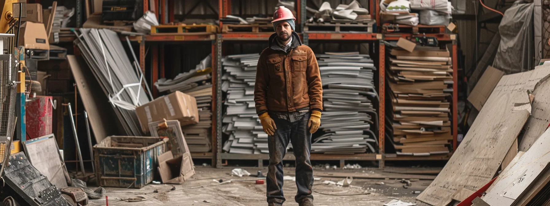 a construction worker standing in front of a stack of permits and documentation, surrounded by tools and metal materials, showcasing the meticulous preparation required for a successful commercial demolition project. a construction worker standing in front of a stack of permits and documentation, surrounded by tools and metal materials, showcasing the meticulous preparation required for a successful commercial demolition project.