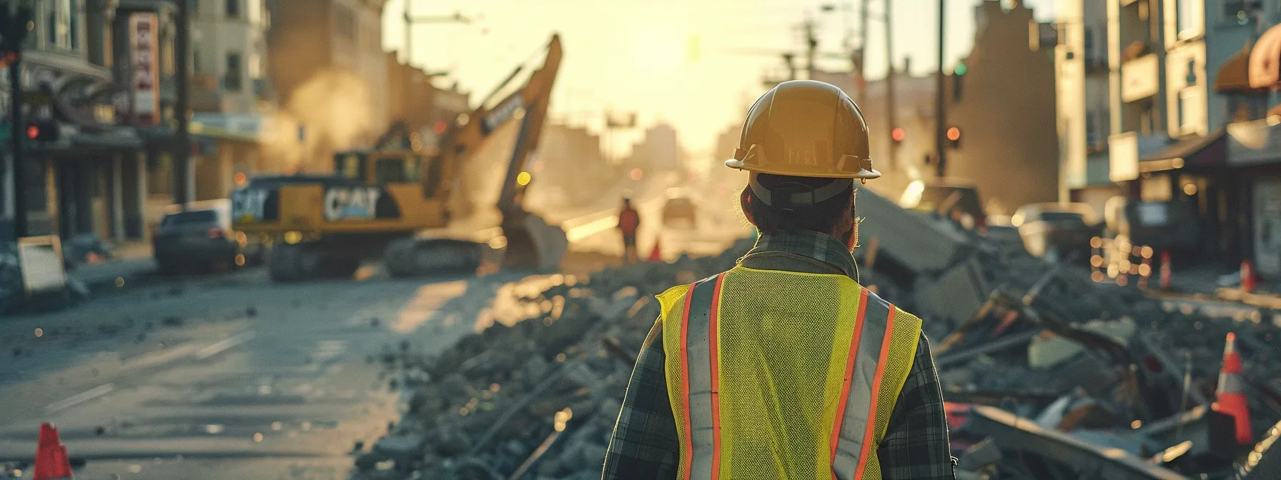 a construction worker wearing a yellow hard hat and safety vest carefully inspects a demolition site for potential hazards. a construction worker wearing a yellow hard hat and safety vest carefully inspects a demolition site for potential hazards.