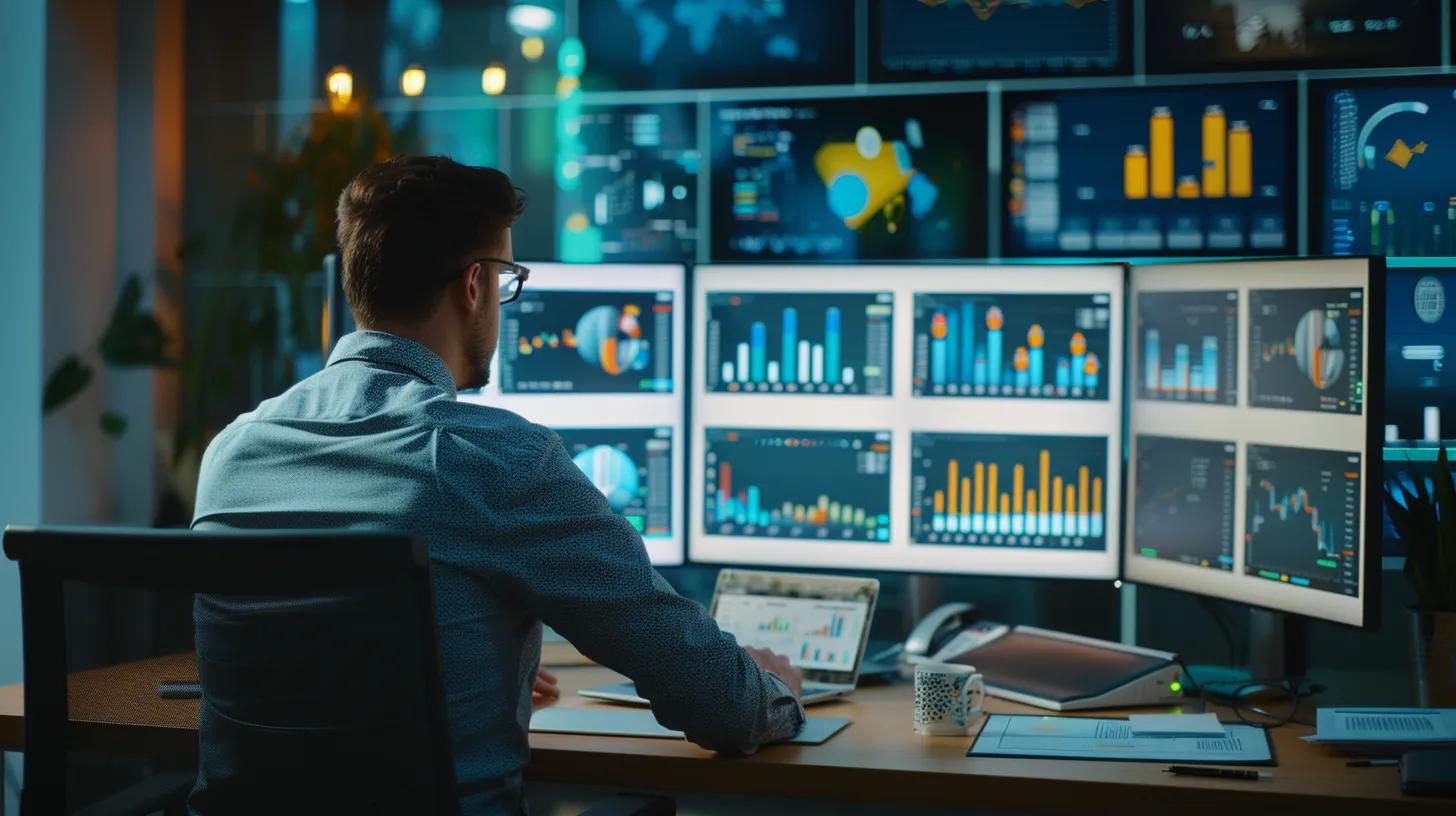 a contemporary office scene features a focused professional surrounded by multiple screens displaying web hosting analytics, alongside a sleek laptop and notepad, emphasizing the critical evaluation process for selecting a white-glove web hosting provider.