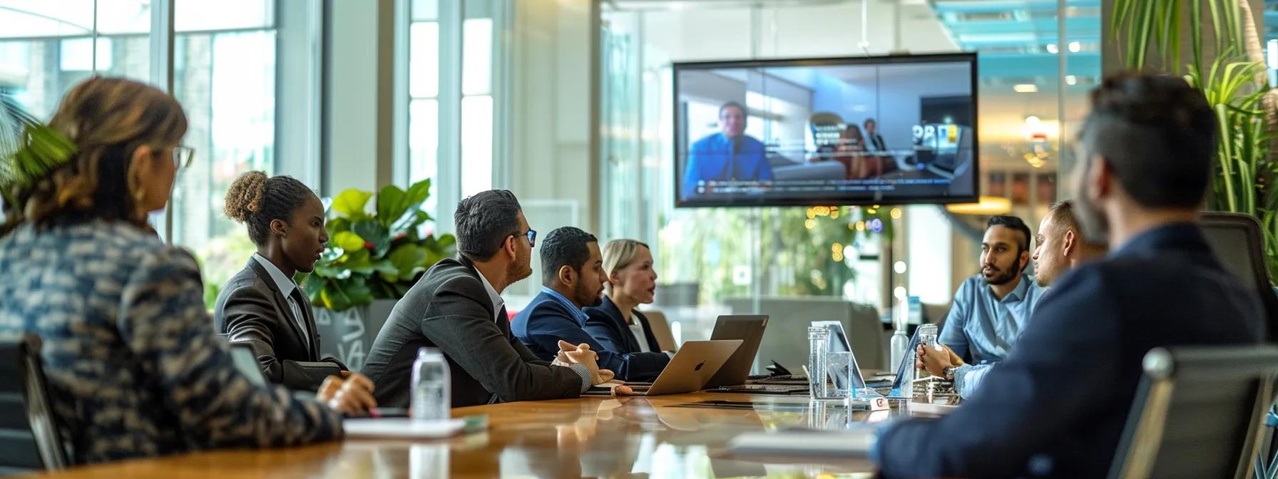 a contemporary office setting showcases a diverse group of professionals engaged in a dynamic discussion about fannie mae condo eligibility, with a large screen displaying faq highlights in the background.
