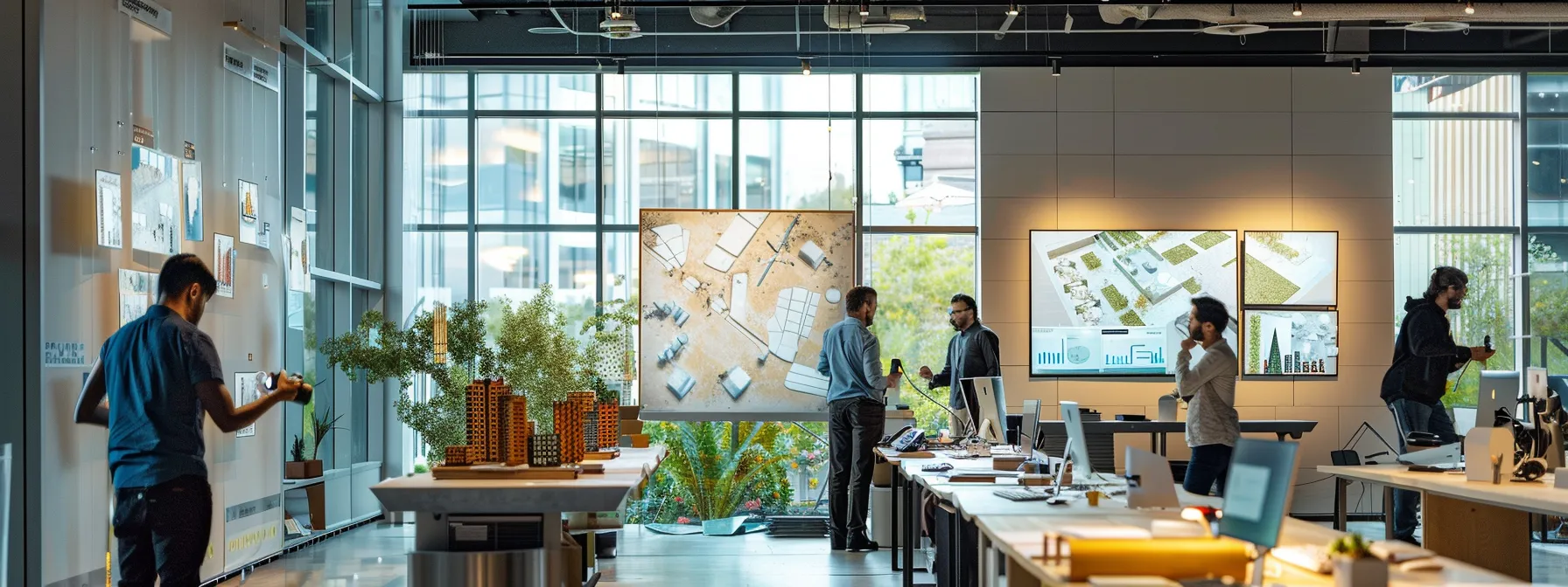 a contemporary office space showcases diverse professionals engaged in innovative design discussions, surrounded by architectural models and digital screens displaying imaginative alternatives to traditional architecture careers.