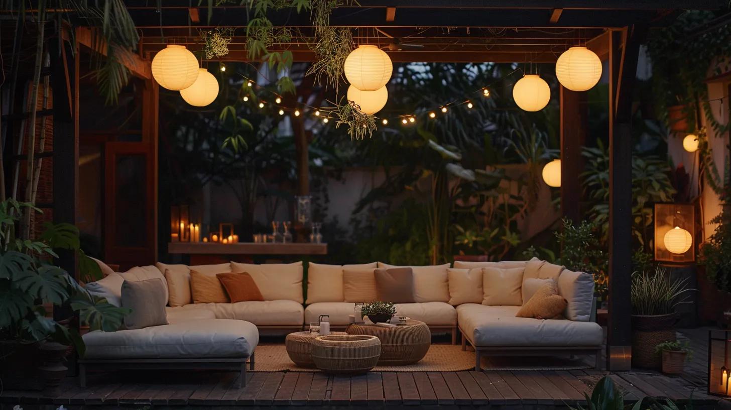 a contemporary outdoor living area, elegantly furnished with plush seating and stylish décor, illuminated by soft pendant lights, set against a backdrop of a sleek urban environment, inviting relaxation and social gatherings during the summer. a contemporary outdoor living area, elegantly furnished with plush seating and stylish décor, illuminated by soft pendant lights, set against a backdrop of a sleek urban environment, inviting relaxation and social gatherings during the summer.