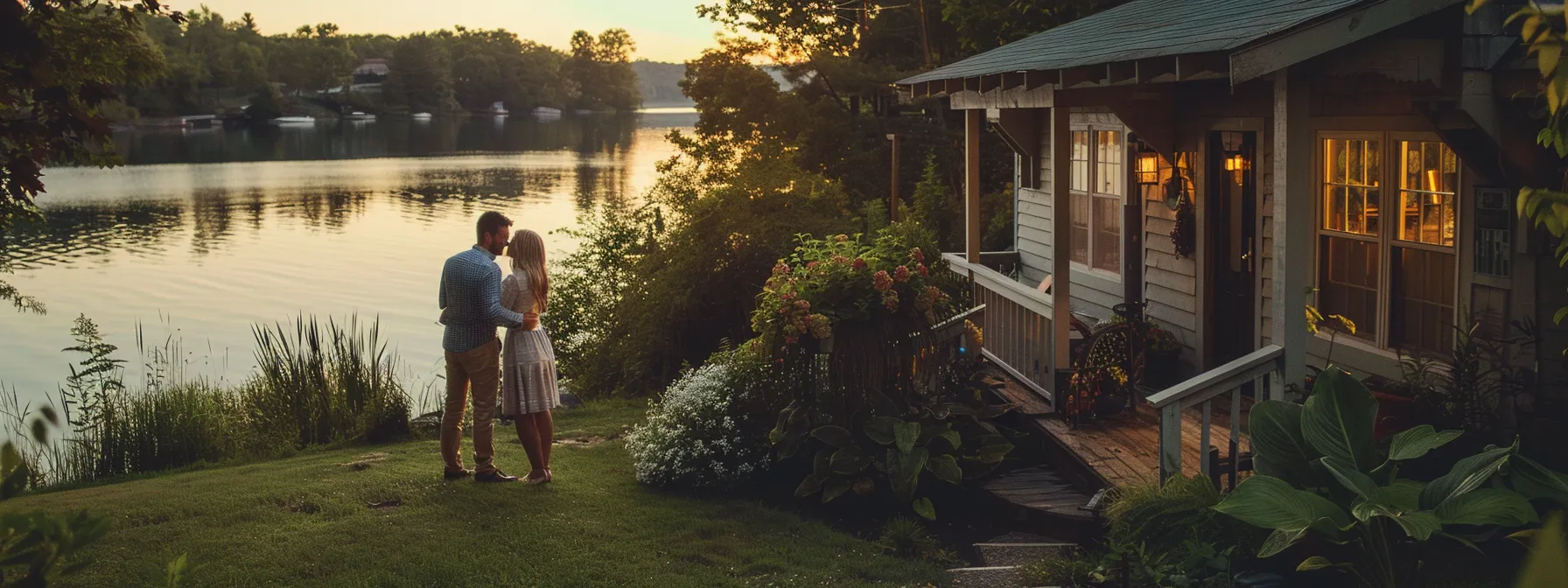 a couple standing in front of a charming lakeside cottage, consulting with a real estate professional, surrounded by lush greenery and a serene view of the lake in the background. a couple standing in front of a charming lakeside cottage, consulting with a real estate professional, surrounded by lush greenery and a serene view of the lake in the background.