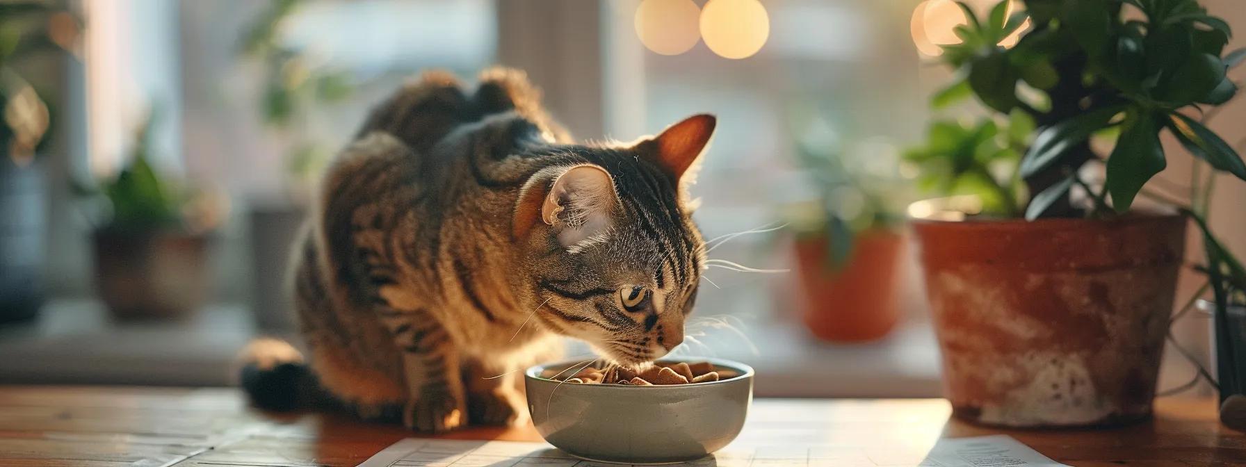 a cozy and inviting indoor setting showcases a playful cat curiously inspecting a small bowl of healthy cat treats, with a clear, organized feeding chart and a softly lit, stress-free atmosphere in the background. a cozy and inviting indoor setting showcases a playful cat curiously inspecting a small bowl of healthy cat treats, with a clear, organized feeding chart and a softly lit, stress-free atmosphere in the background.