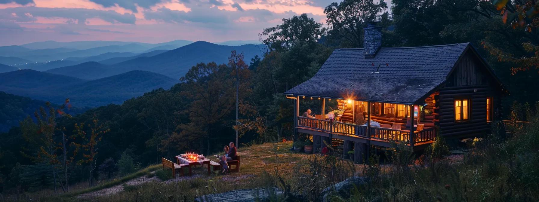 a cozy cabin nestled at the foothills of the blue ridge mountains, illuminated by a warm evening glow, with a family enjoying a festive dinner on a wooden deck, evoking a sense of togetherness and romance amidst the stunning mountain backdrop.