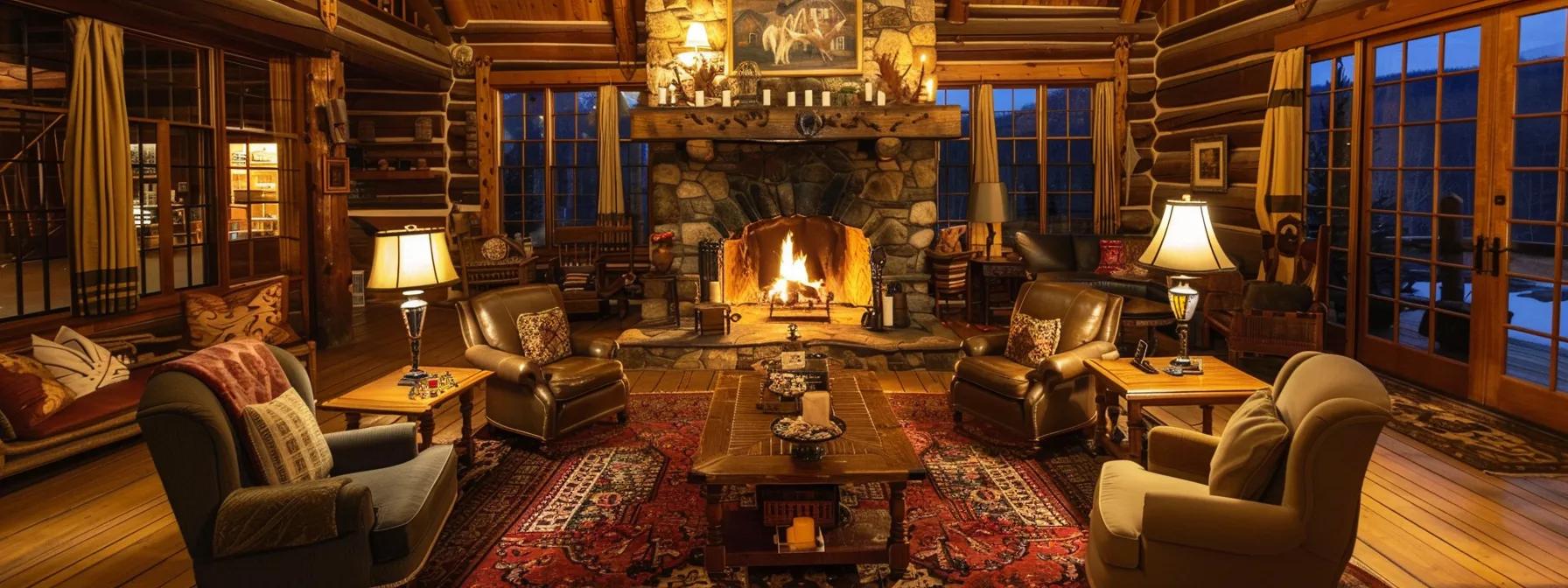 a cozy, elegantly decorated lodge interior, with soft ambient lighting, a crackling fireplace, and plush furnishings, creates an intimate setting perfect for romantic getaways in the blue ridge region.