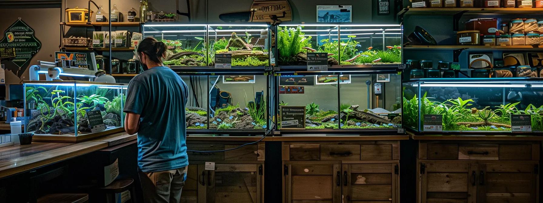 a cozy indoor reptile shop displays a variety of beginner-friendly lizard species in vibrant glass terrariums, highlighting their distinct colors and behaviors while a novice enthusiast observes with curiosity, set against a backdrop of informative signage and soft, warm lighting. a cozy indoor reptile shop displays a variety of beginner-friendly lizard species in vibrant glass terrariums, highlighting their distinct colors and behaviors while a novice enthusiast observes with curiosity, set against a backdrop of informative signage and soft, warm lighting.