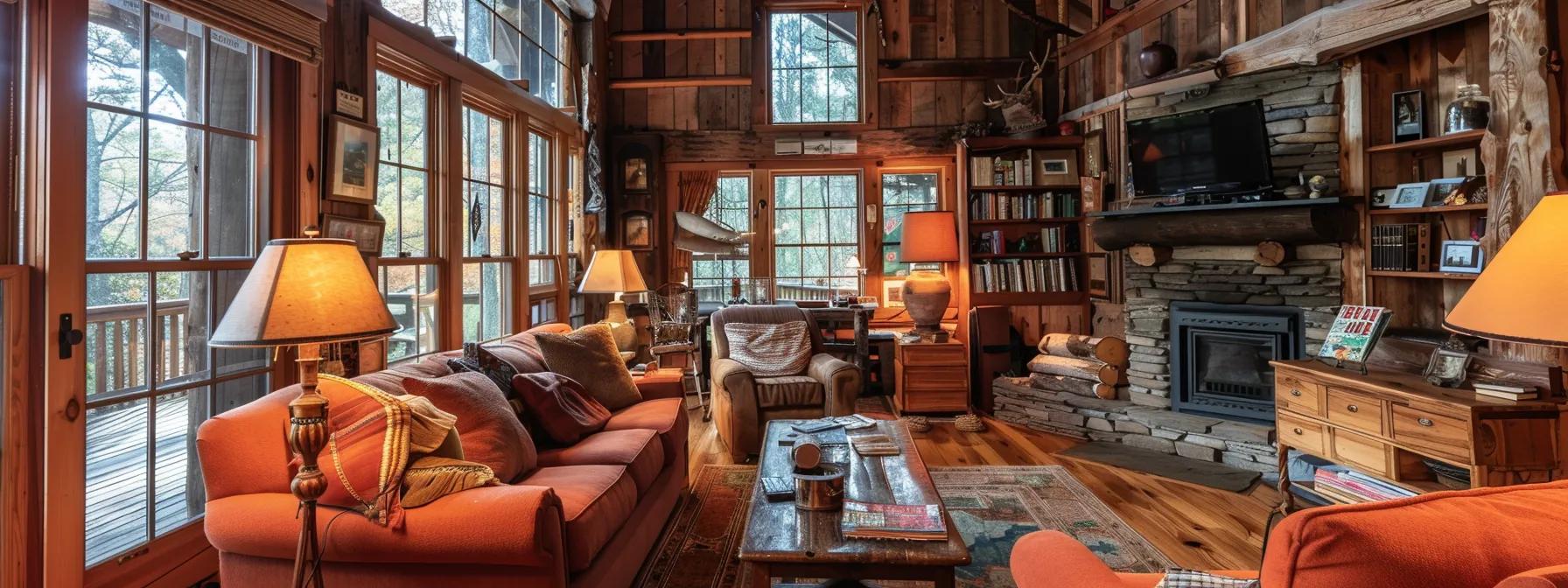 a cozy, inviting interior of a blue ridge bed and breakfast features a blend of rustic wooden furnishings, plush seating, and warm, ambient lighting, capturing the essence of comfort and unique charm. a cozy, inviting interior of a blue ridge bed and breakfast features a blend of rustic wooden furnishings, plush seating, and warm, ambient lighting, capturing the essence of comfort and unique charm.