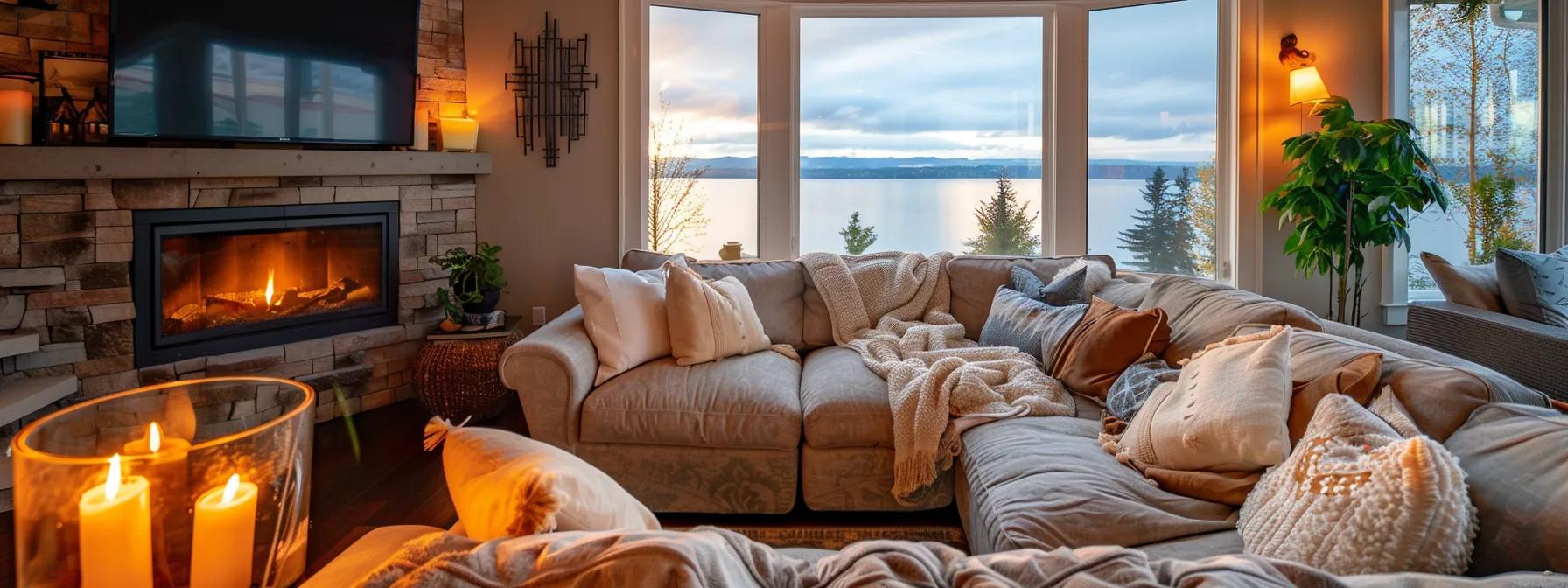 a cozy living room features a thoughtfully arranged sectional sofa, warm ambient lighting, and stylish decor that invites relaxation and fosters intimate conversation in an inviting indoor setting.