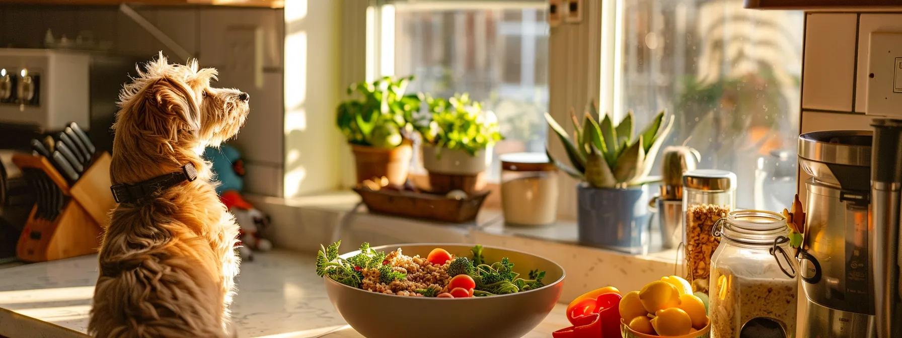 a cozy, modern kitchen setting features a golden bowl of hearty oatmeal, surrounded by colorful dog-friendly ingredients and a curious dog sniffing the air, emphasizing healthy, allergy-friendly nutrition for pets. a cozy, modern kitchen setting features a golden bowl of hearty oatmeal, surrounded by colorful dog-friendly ingredients and a curious dog sniffing the air, emphasizing healthy, allergy-friendly nutrition for pets.