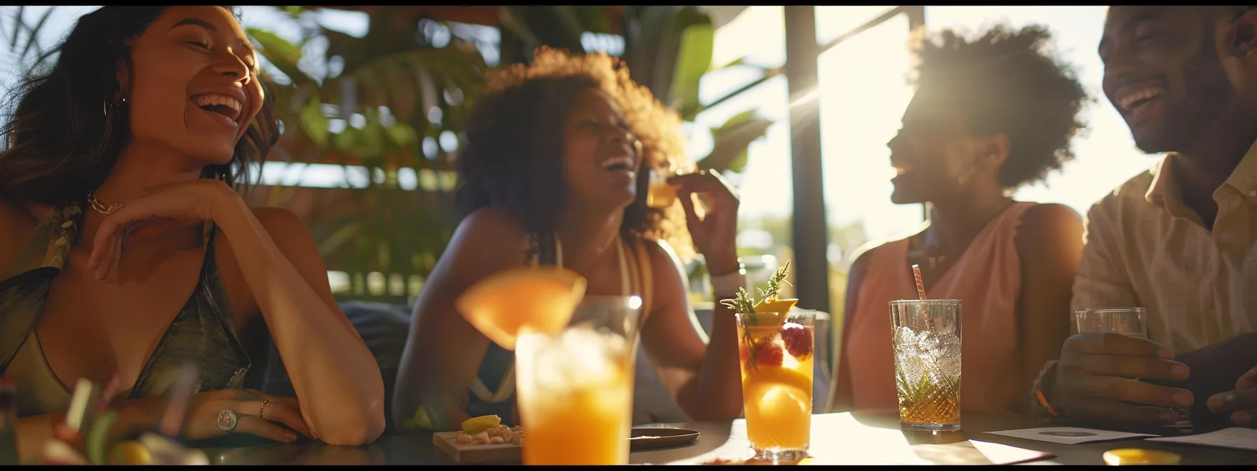 Friends gather in a cozy, modern space—indoors or outside—laughing, sampling drinks, and chatting. A lineup of THC beverages with fruit garnishes sits on a table, surrounded by tasting cards and light snacks. The mood is playful, social, and relaxed, with dreamy lighting and retro-futuristic details. The drinks are present but not the focus. No logos or cans visible.