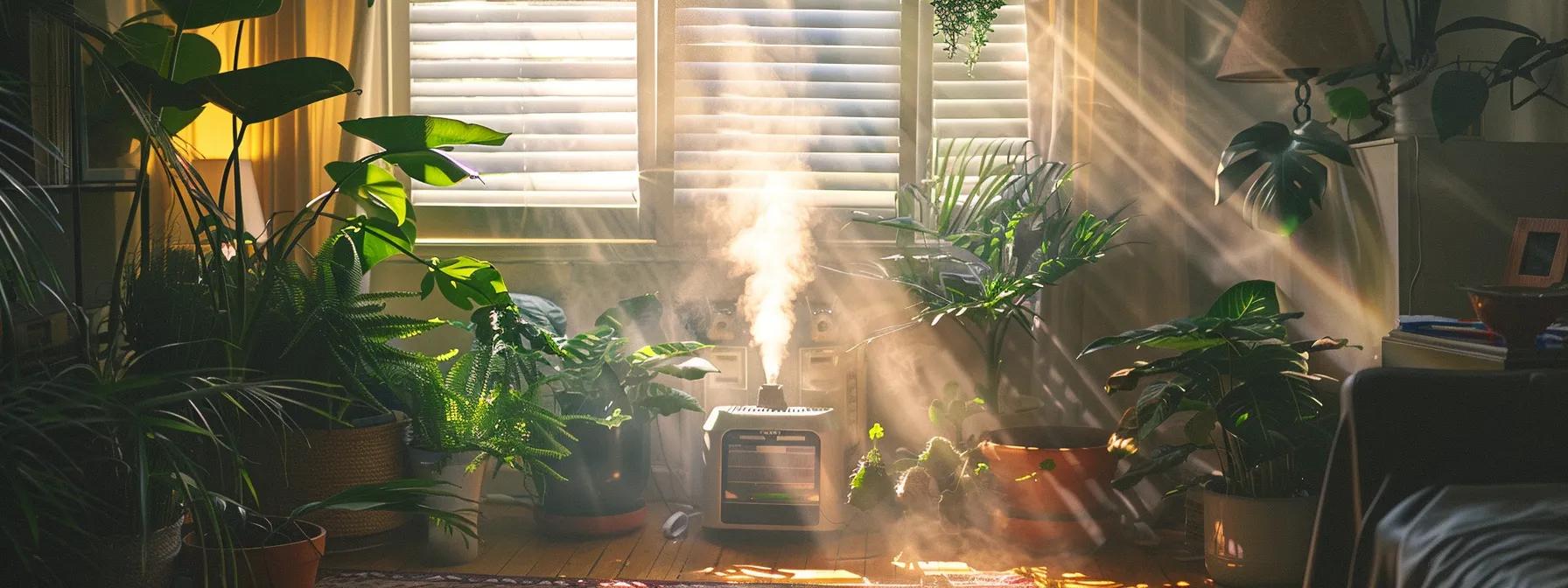 a cozy, softly-lit room filled with lush, vibrant plants and a gentle mist rising from a humidifier, creating an inviting space for melodious singing. a cozy, softly-lit room filled with lush, vibrant plants and a gentle mist rising from a humidifier, creating an inviting space for melodious singing.