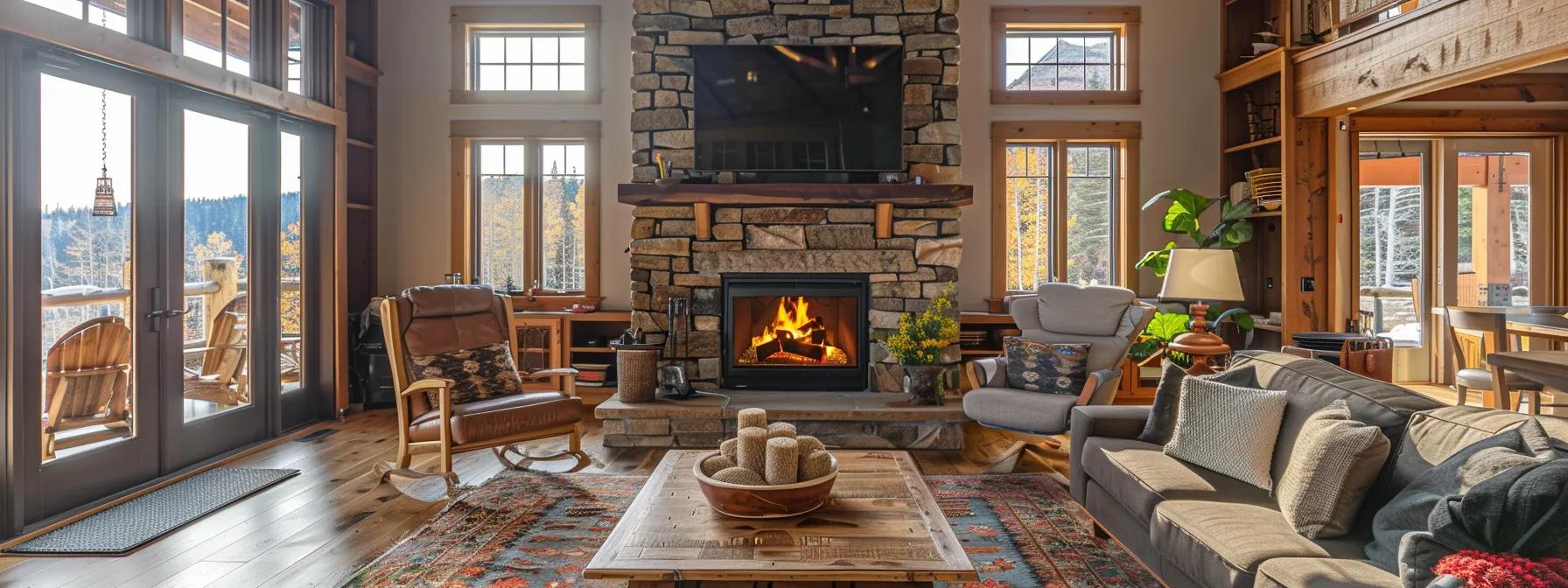 a cozy, stylish interior of a modern mountain lodge showcases a spacious living area with a warm fireplace and inviting decor, embodying the perfect retreat for a romantic escape or family adventure in the blue ridge region.