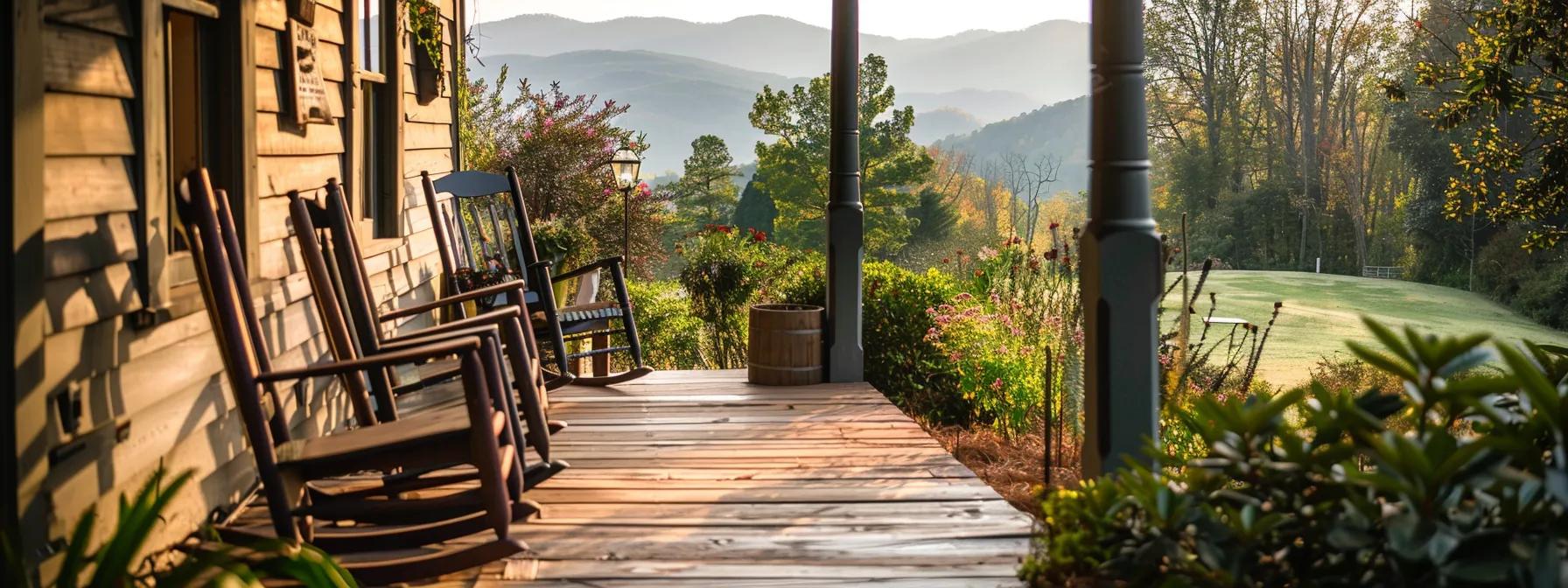 a cozy, stylishly designed b&b in blue ridge, georgia, featuring a charming porch with inviting rocking chairs, framed by majestic mountains in the backdrop and surrounded by rustic urban charm. a cozy, stylishly designed b&b in blue ridge, georgia, featuring a charming porch with inviting rocking chairs, framed by majestic mountains in the backdrop and surrounded by rustic urban charm.
