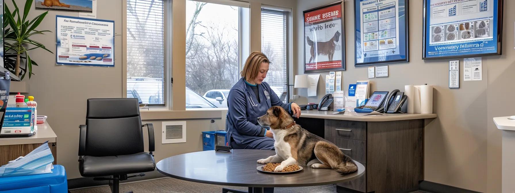 a cozy veterinary consultation room, featuring a well-groomed dog curiously examining a sample of limited-ingredient dog food on a sleek table, while a focused veterinarian discusses dietary management and allergy symptoms against a backdrop of informative charts and pet care materials. a cozy veterinary consultation room, featuring a well-groomed dog curiously examining a sample of limited-ingredient dog food on a sleek table, while a focused veterinarian discusses dietary management and allergy symptoms against a backdrop of informative charts and pet care materials.