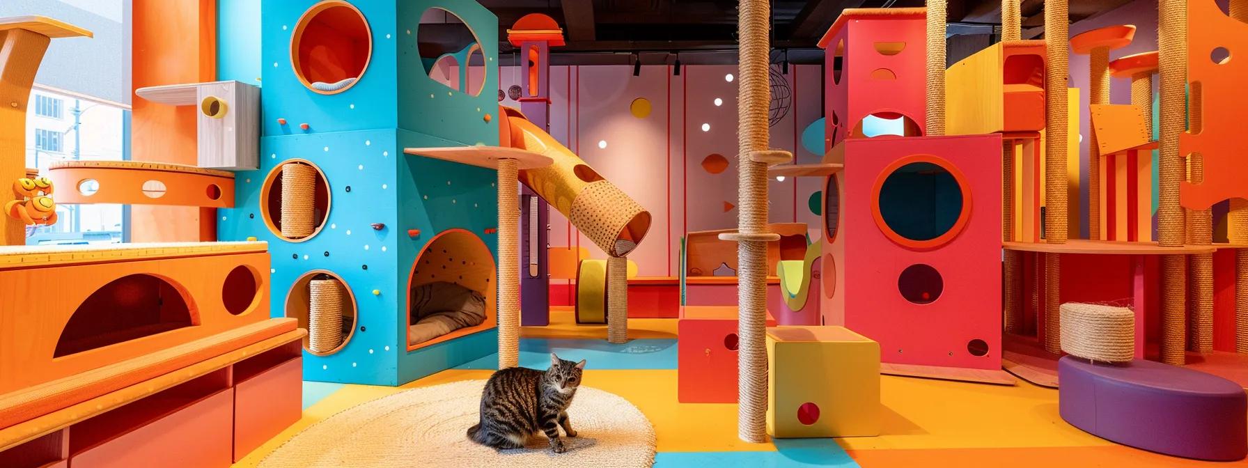 a cozy, well-designed indoor cat playground features vertical climbing structures and interactive toys in a vibrant, stimulating environment, showcasing a playful cat engaged in natural behaviors like climbing and exploring. a cozy, well-designed indoor cat playground features vertical climbing structures and interactive toys in a vibrant, stimulating environment, showcasing a playful cat engaged in natural behaviors like climbing and exploring.