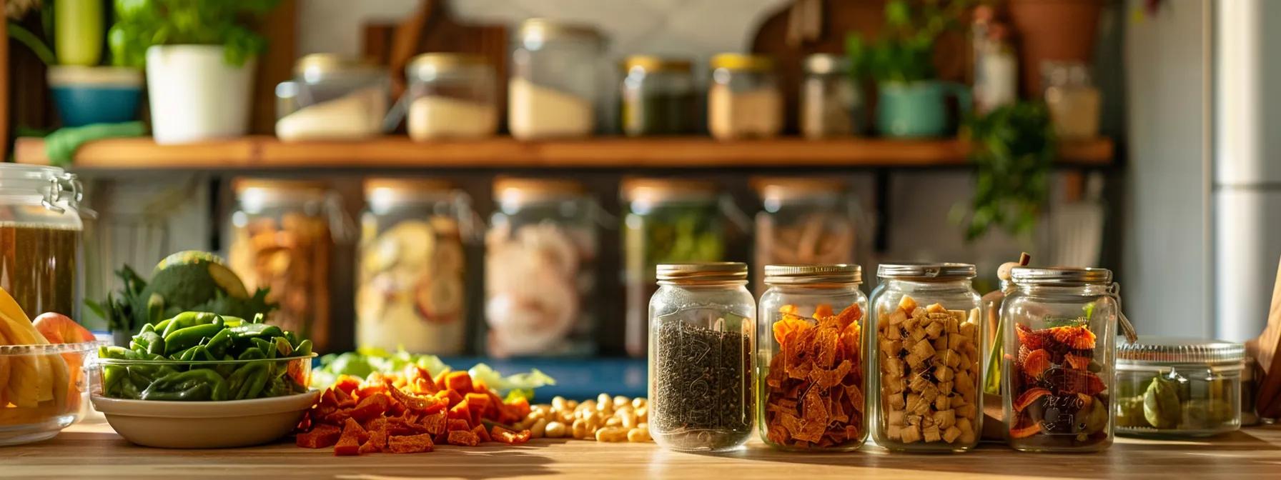 a cozy, well-lit kitchen workspace showcases a vibrant tabletop filled with homemade freeze-dried dog treat ingredients, including jars of powdered meats, applesauce, and fresh vegetables, creating an inviting atmosphere for pet owners eager to craft nutritious snacks for their dogs. a cozy, well-lit kitchen workspace showcases a vibrant tabletop filled with homemade freeze-dried dog treat ingredients, including jars of powdered meats, applesauce, and fresh vegetables, creating an inviting atmosphere for pet owners eager to craft nutritious snacks for their dogs.