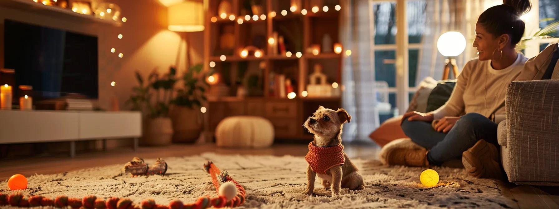 a cozy, well-lit living room features a small dog playfully engaged with a brightly colored rope toy, while a vigilant owner sits nearby, attentively supervising the interaction to ensure safety and joy during playtime. a cozy, well-lit living room features a small dog playfully engaged with a brightly colored rope toy, while a vigilant owner sits nearby, attentively supervising the interaction to ensure safety and joy during playtime.