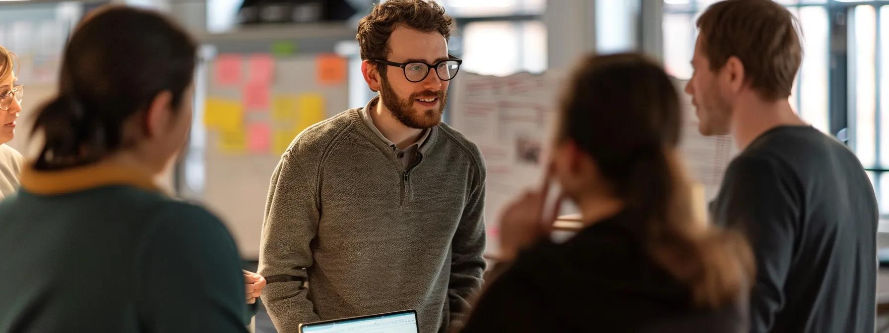 create a captivating scene of a sleek, ultramodern office space in massachusetts, featuring a diverse group of individuals engaged in a collaborative workshop focused on building essential life skills, with an ambiance of enthusiasm and determination illuminated by soft, warm lighting.