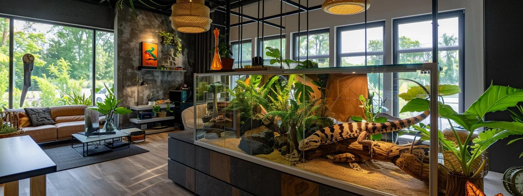a creatively designed reptile enclosure made from repurposed materials and diy projects, showcased in a modern, well-lit home interior, emphasizing budget-friendly elegance and functionality. a creatively designed reptile enclosure made from repurposed materials and diy projects, showcased in a modern, well-lit home interior, emphasizing budget-friendly elegance and functionality.