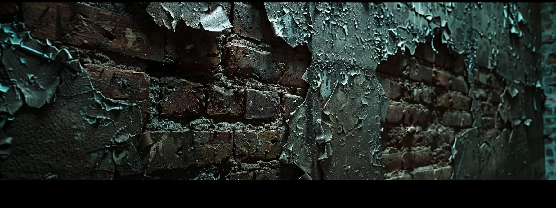 a crumbling brick wall covered in mold and water stains, showcasing the consequences of poor waterproofing.