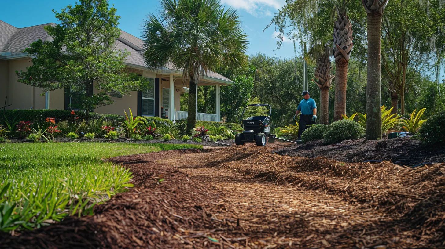 professional landscapers mulching a customer's property in st cloud florida, photorealistic design, hdr, taken by a canon eos rebel camera