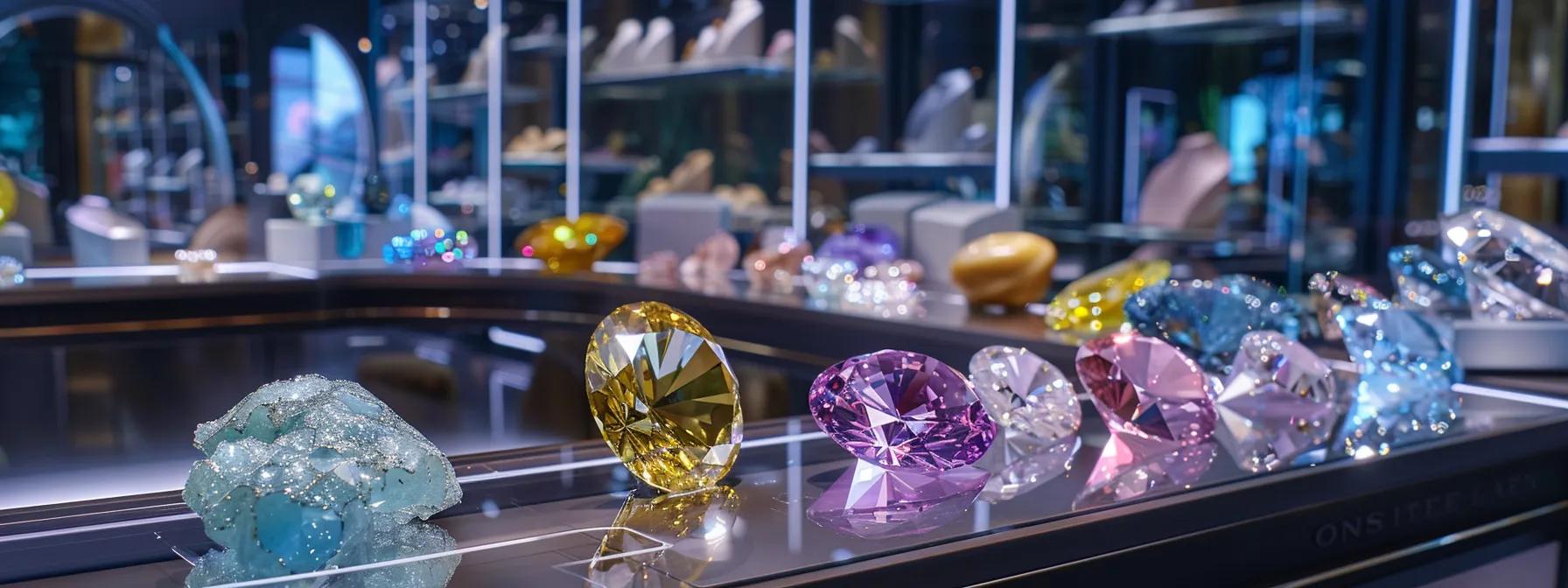 a dazzling display of custom-cut diamonds and vibrant colored stones showcased in an elegant las vegas jewelry boutique, highlighting the latest trends in unique diamond types against a luxurious backdrop of sleek displays and ambient lighting. a dazzling display of custom-cut diamonds and vibrant colored stones showcased in an elegant las vegas jewelry boutique, highlighting the latest trends in unique diamond types against a luxurious backdrop of sleek displays and ambient lighting.