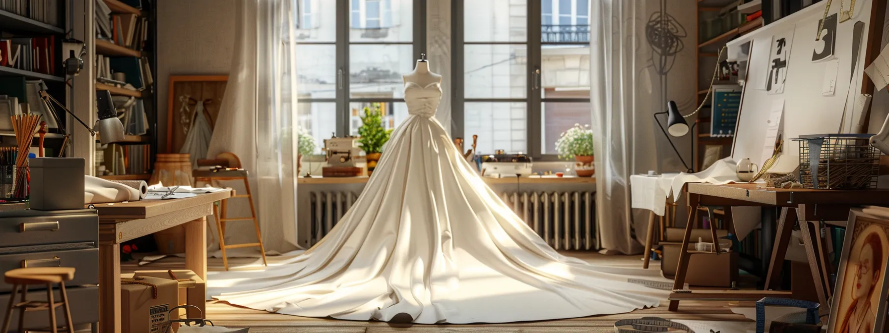 a delicate silk wedding dress draped elegantly over a sewing mannequin amidst a tidy workspace, with measuring tapes and pins scattered around. a delicate silk wedding dress draped elegantly over a sewing mannequin amidst a tidy workspace, with measuring tapes and pins scattered around.