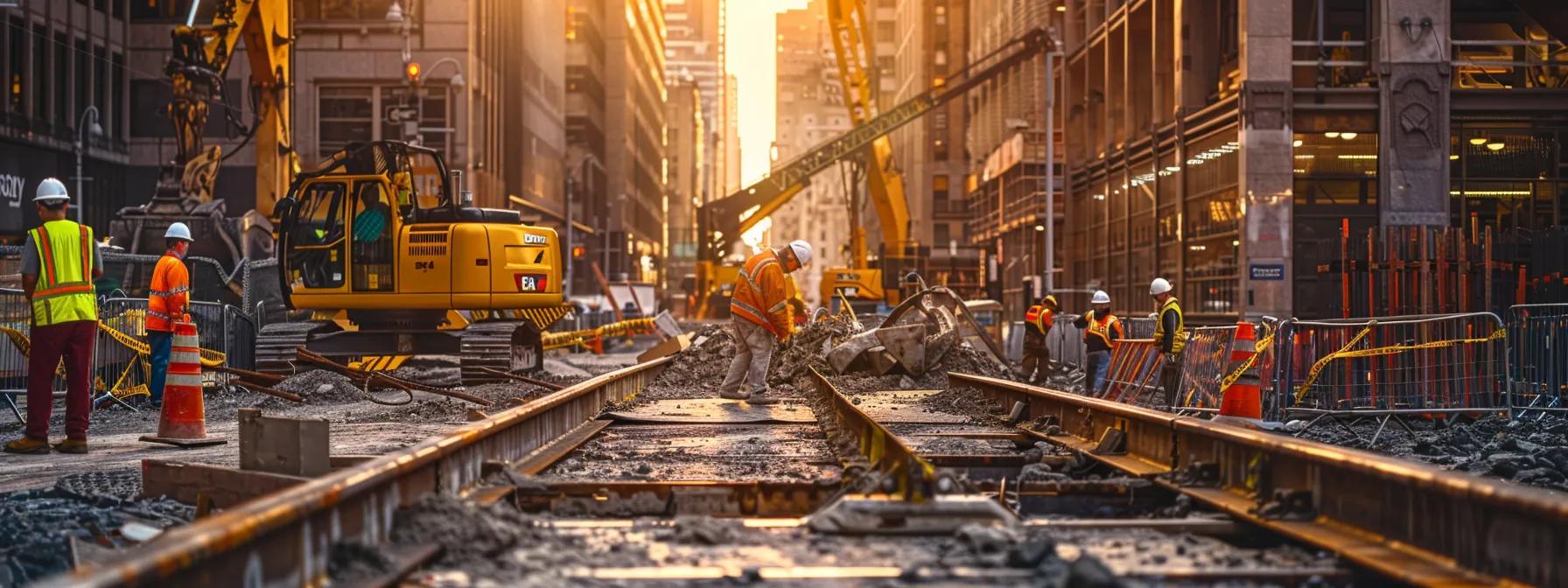 a demolition crew in hard hats and high-visibility vests carefully using cranes to dismantle steel beams, surrounded by caution signs and safety barriers. a demolition crew in hard hats and high-visibility vests carefully using cranes to dismantle steel beams, surrounded by caution signs and safety barriers.