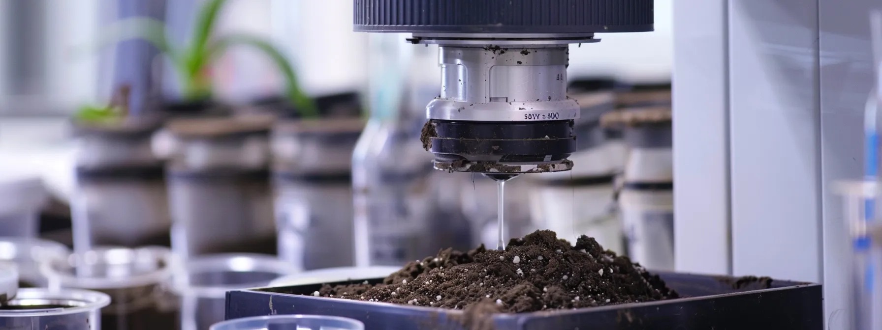 a detailed close-up of a soil sample being analyzed in a modern pittsburgh laboratory, with equipment showcasing signs of contamination and vibrant visuals of metal content, highlighting the crucial assessment of urban soil health.