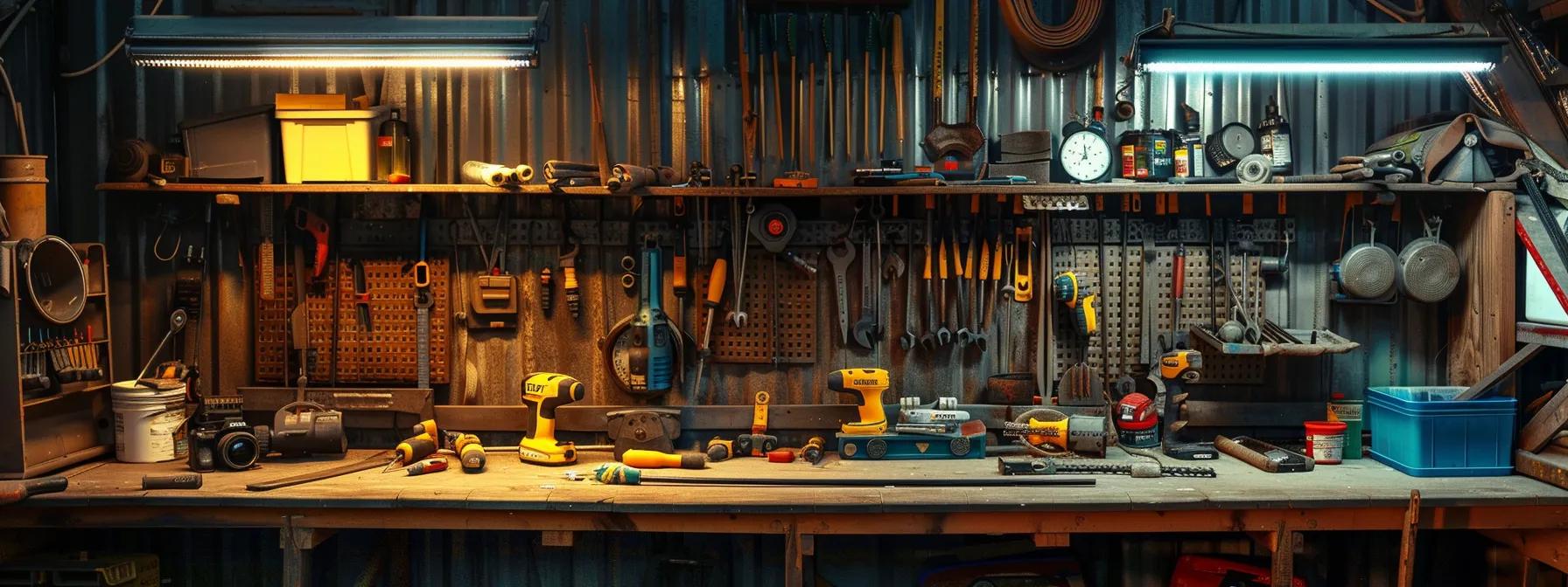 a detailed close-up of a well-organized diy workspace, featuring various gutter maintenance tools and materials neatly arranged on a sturdy workbench, illuminated by focused overhead lighting, emphasizing the practical aspects of gutter upkeep. a detailed close-up of a well-organized diy workspace, featuring various gutter maintenance tools and materials neatly arranged on a sturdy workbench, illuminated by focused overhead lighting, emphasizing the practical aspects of gutter upkeep.