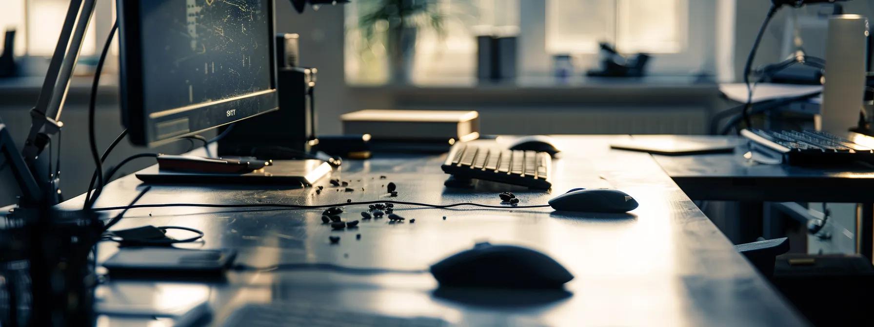 a detailed close-up of a neatly organized office space, featuring small, dark mouse droppings near a prominently displayed food source and gnawed cables on a sleek desk, highlighting signs of a potential mice infestation for pest control awareness.
