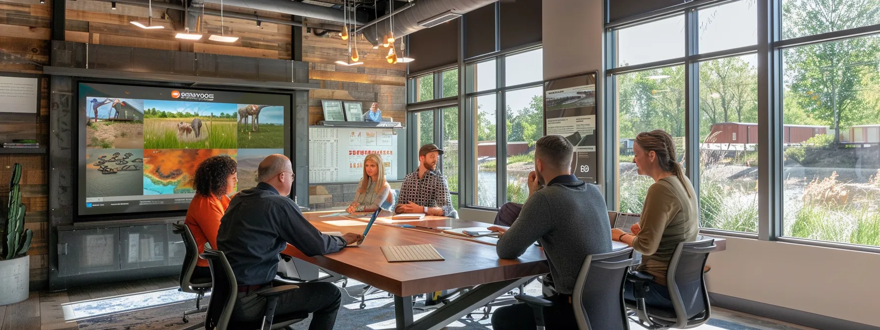 a detailed office setting showcases a group of professionals engaged in a dynamic discussion around a large table, equipped with plans and images of shoreline erosion solutions, emphasizing collaboration and expertise in locating specialized lakehome contractors.