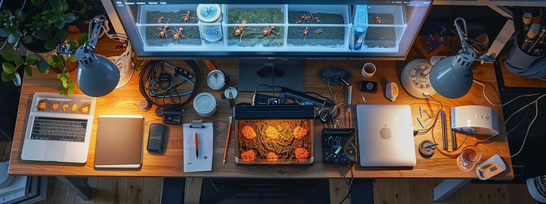 a detailed overhead view of a meticulously arranged ant farm kit on a modern office desk, showcasing the layered habitat and essential tools needed for successful setup, illuminated by warm desk lamp light for clarity and focus.
