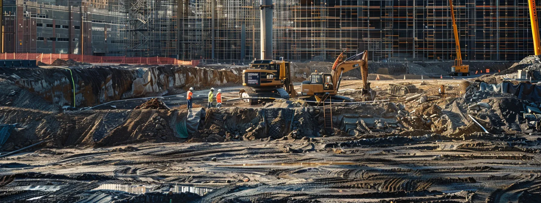 a detailed urban construction site in pittsburgh is depicted, featuring heavy machinery and workers analyzing soil samples, illustrating the complex financial aspects and logistics of contaminated soil remediation amidst an industrial backdrop.