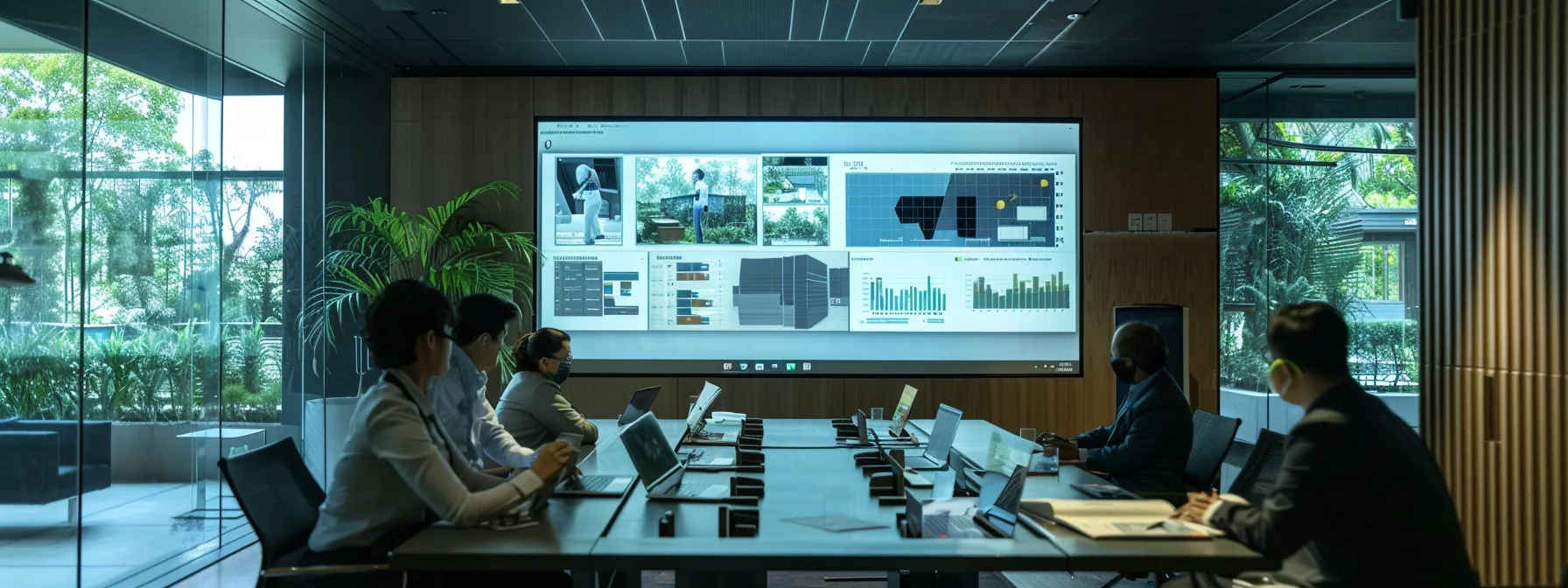 a detailed urban planning meeting unfolds in a sleek conference room, featuring a digital presentation displaying comparative charts of shoreline erosion solutions alongside architectural plans for custom homes, illuminated by crisp, artificial lighting that highlights the seriousness of the project discussions.