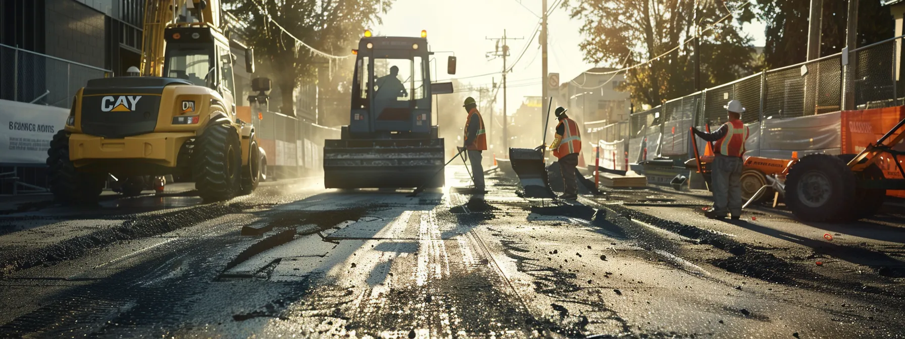 a detailed urban setting showcasing a construction crew evaluating asphalt conditions on a sunlit pavement, surrounded by various tools and equipment, highlighting the meticulous process of preparing for a resurfacing project.