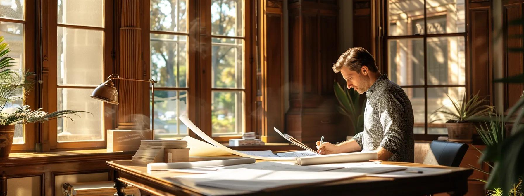 a detailed view of a historic building in hyde park, emphasizing architectural elements, with an architect or contractor reviewing blueprints and compliance documents in a well-lit office setting, highlighting the importance of adherence to local codes for ac installation.
