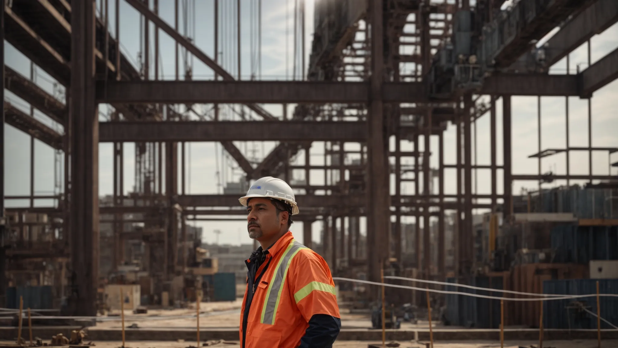 a determined general contractor stands confidently on a bustling construction site, surrounded by towering steel beams and active machinery, exemplifying leadership and problem-solving amidst the dynamic challenges of a complex project. a determined general contractor stands confidently on a bustling construction site, surrounded by towering steel beams and active machinery, exemplifying leadership and problem-solving amidst the dynamic challenges of a complex project.