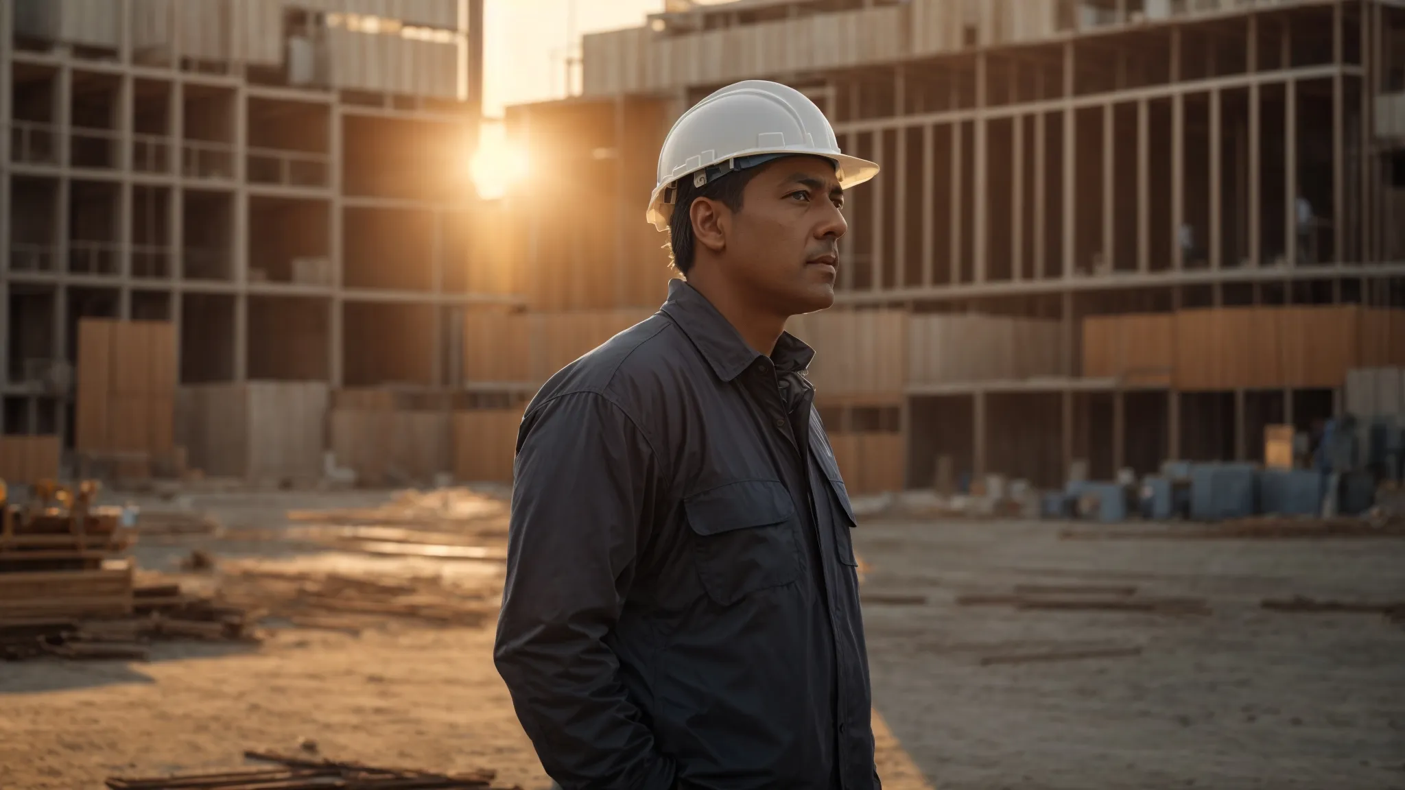 a determined general contractor stands confidently in front of a large construction site, scrutinizing blueprints under the warm glow of evening light, symbolizing the challenge of balancing budgeting and quality in a dynamic project environment. a determined general contractor stands confidently in front of a large construction site, scrutinizing blueprints under the warm glow of evening light, symbolizing the challenge of balancing budgeting and quality in a dynamic project environment.