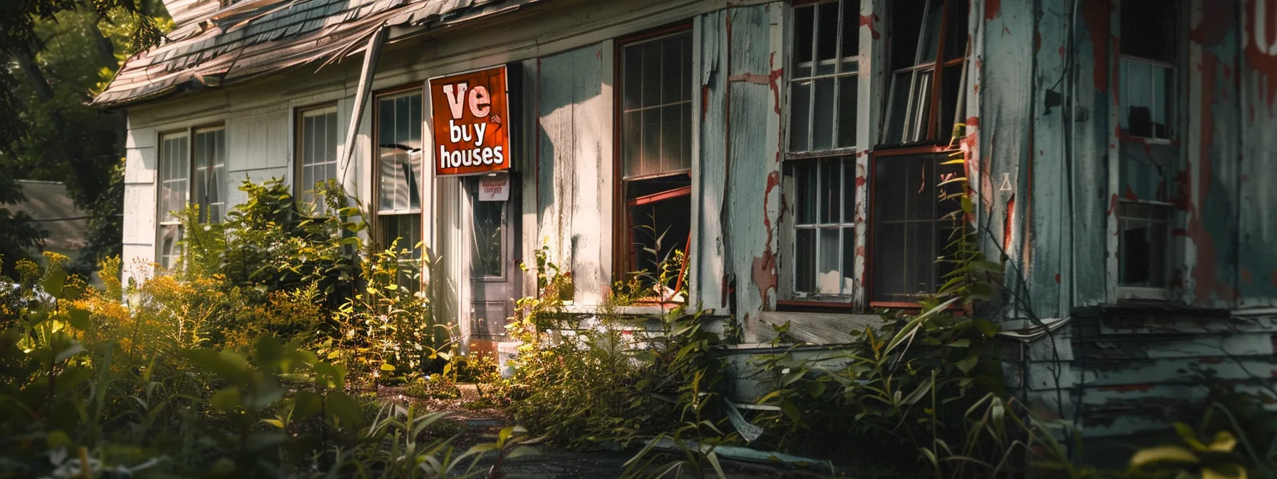 a dilapidated house with a "we buy houses" sign in the window, surrounded by overgrown weeds and broken windows.