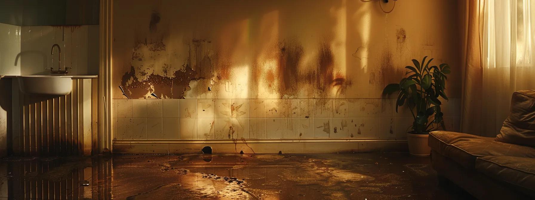 a dimly lit living room features a prominently displayed damp patch on the wall, with a puddle of water forming on the floor beside a sink, highlighting the urgent need for leak detection in a surrey home. a dimly lit living room features a prominently displayed damp patch on the wall, with a puddle of water forming on the floor beside a sink, highlighting the urgent need for leak detection in a surrey home.
