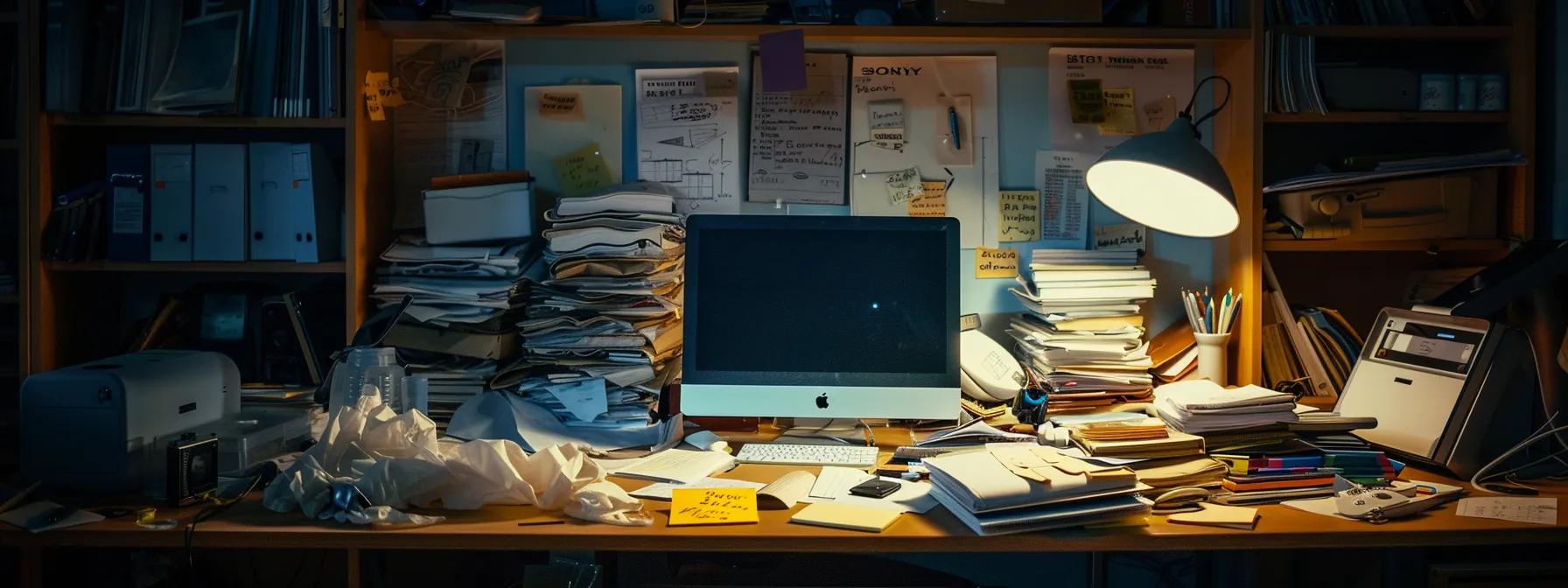 a dimly lit office workspace showcases a disheveled desk with scattered papers and a glowing computer screen, conveying the struggle of maintaining focus and productivity amidst the overwhelming tiredness induced by delta 9.